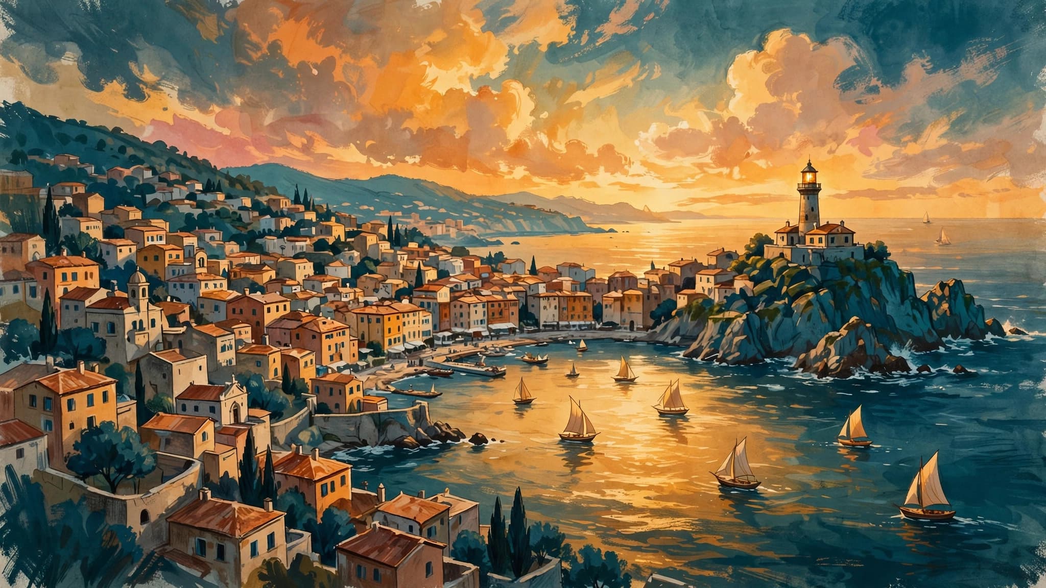 Painterly view of a coastline at golden hour